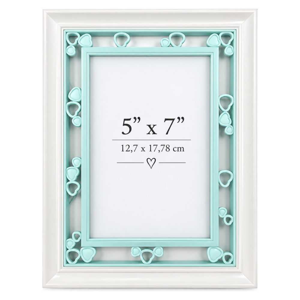 Dekorativni ram za slike  – beli sa mint zelenim detaljima i srcima, 13 × 18 cm