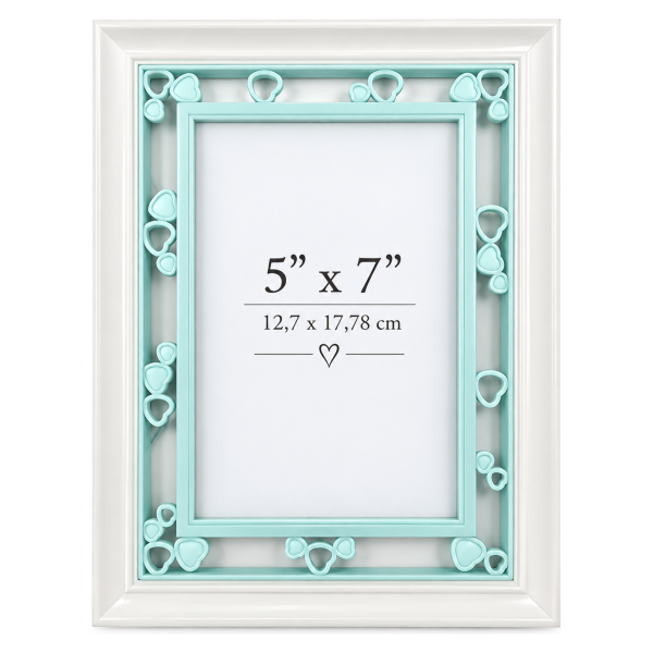 Dekorativni ram za slike  – beli sa mint zelenim detaljima i srcima, 13 × 18 cm
