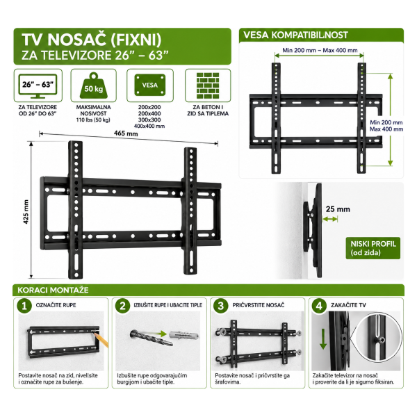 Zidni nosač za TV 26–63 inča 179307 – fiksni, do 50 kg